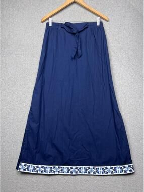 Beyond by Vera Cotton Maxi Skirt S Navy Blue Hand Printed Geometric Border Boho